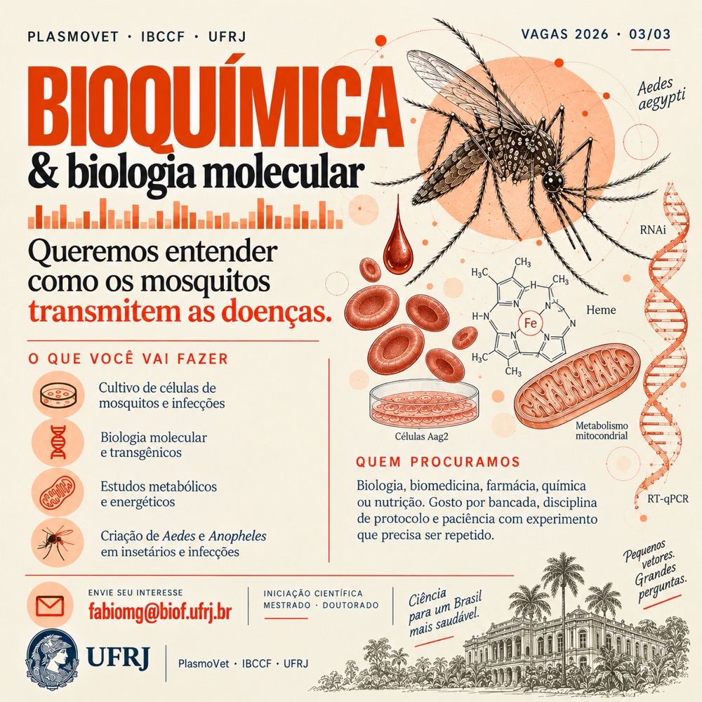 Cartaz de divulgação: vaga em bioquímica e biologia molecular no PlasmoVet