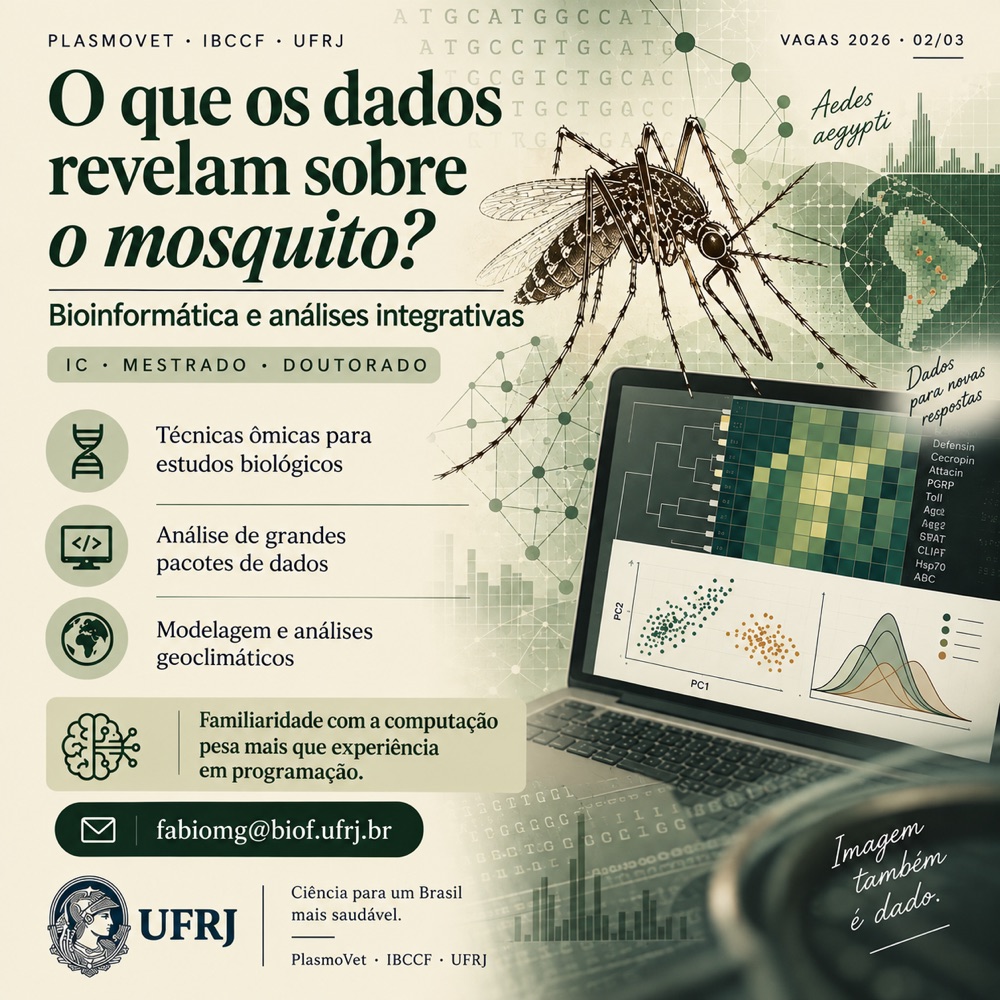 Cartaz de divulgação: vaga em ômicas e bioinformática no PlasmoVet